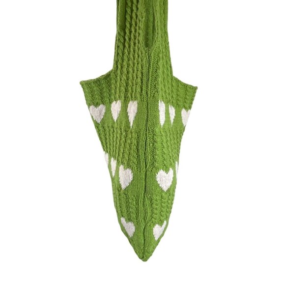 Knitted Green Tote Bag Open Top With White Heart Pattern Size M - Picture 3 of 7